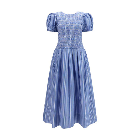 Ganni Blue & White Striped Puff Sleeve Cotton Dress