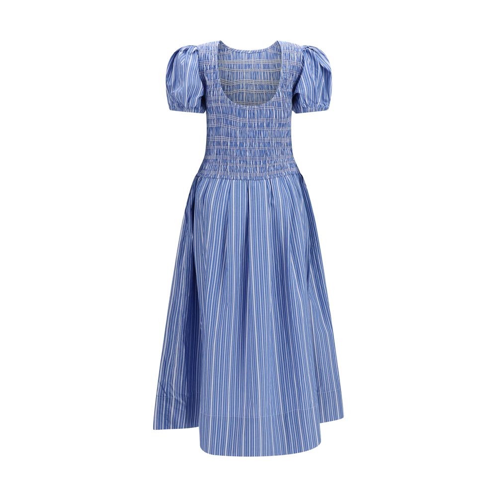 Ganni Blue & White Striped Puff Sleeve Cotton Dress