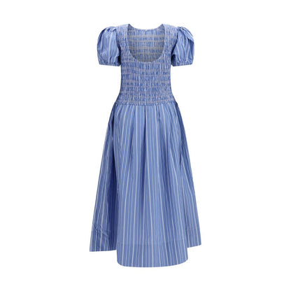 Ganni Blue & White Striped Puff Sleeve Cotton Dress