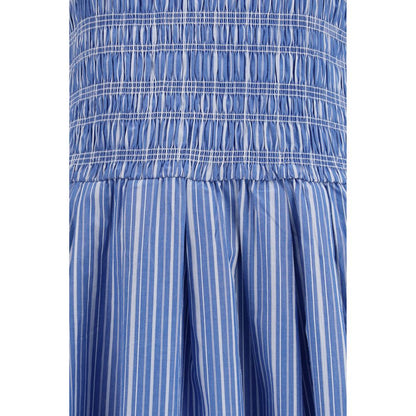 Ganni Blue & White Striped Puff Sleeve Cotton Dress