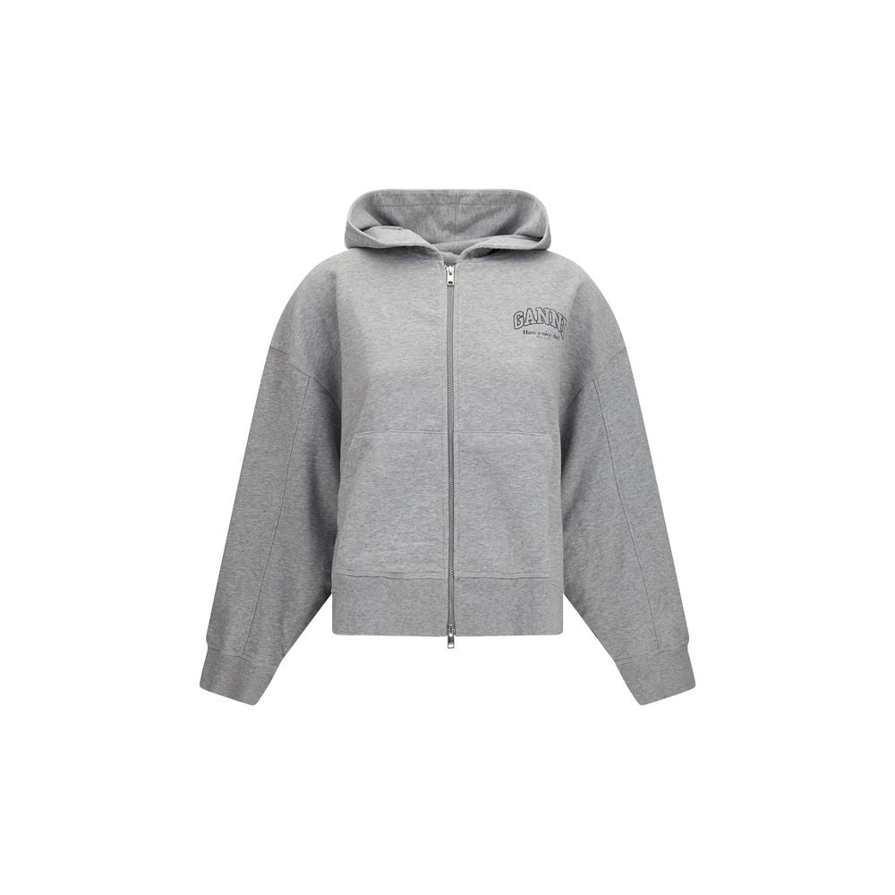 Ganni Gray Cotton Zip-Up Hooded Sweatshirt