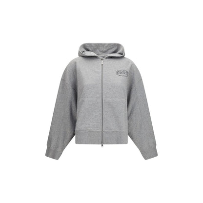Ganni Gray Cotton Zip-Up Hooded Sweatshirt