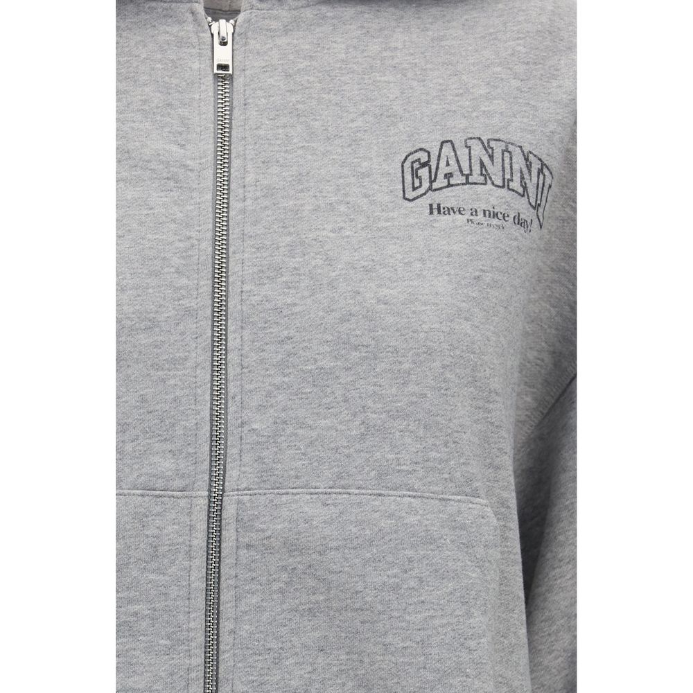 Ganni Gray Cotton Zip-Up Hooded Sweatshirt