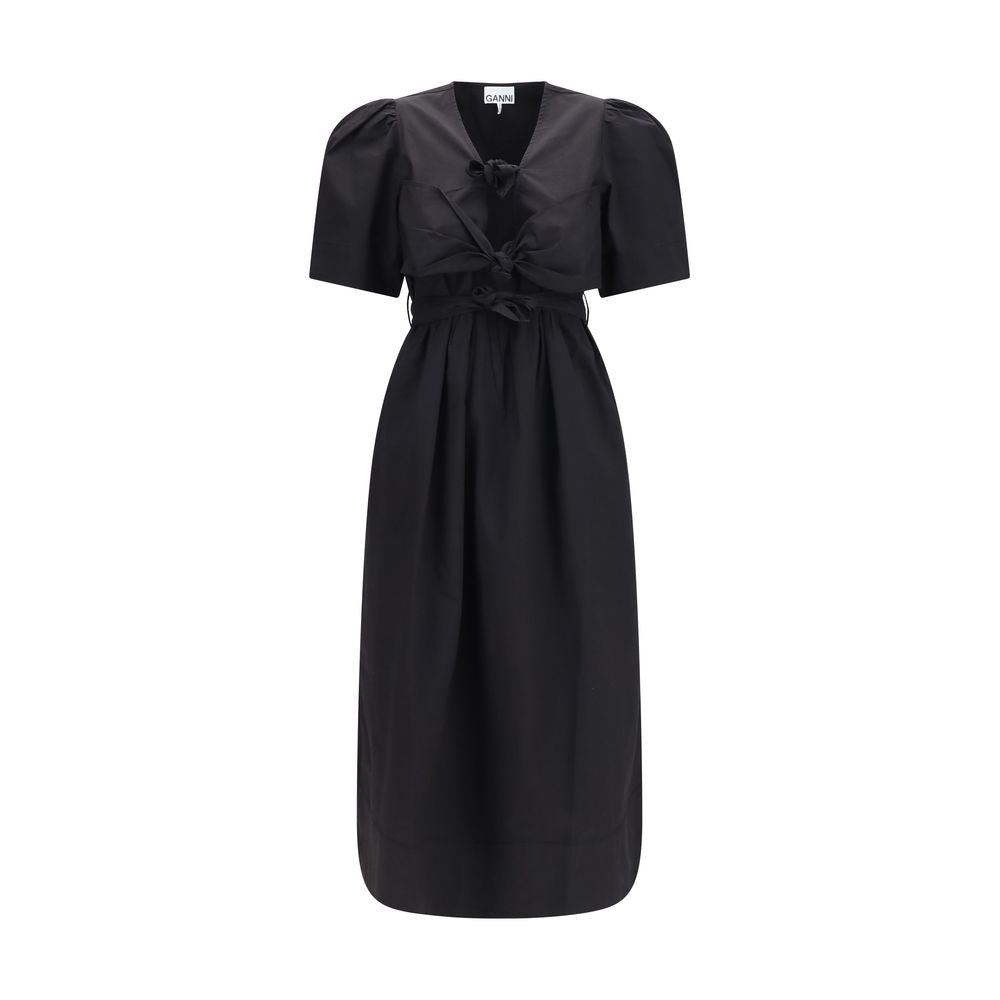 Ganni Black Cotton Midi Puff Shoulders Dress