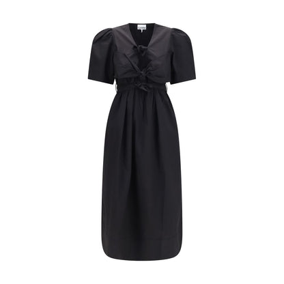 Ganni Black Cotton Midi Puff Shoulders Dress