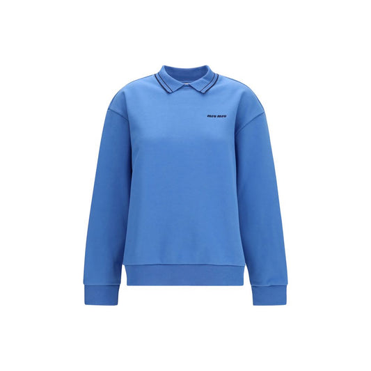 Miu Miu Blue Cotton Sweatshirt with Embroidered Logo and Collar