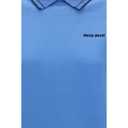 Miu Miu Blue Cotton Sweatshirt with Embroidered Logo and Collar