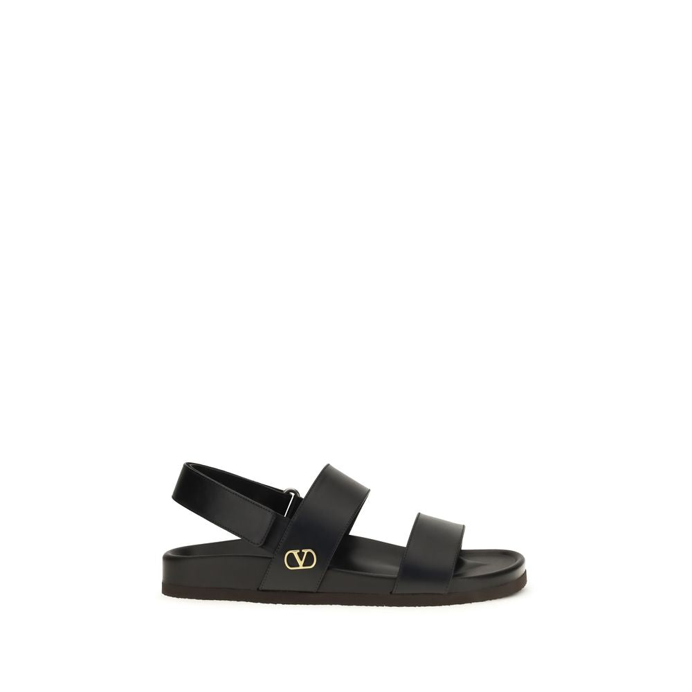Valentino Garavani Black Calf Leather Studshield Flat Sandals for Men
