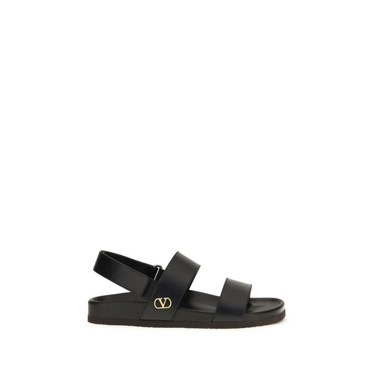 Valentino Garavani Black Calf Leather Studshield Flat Sandals for Men
