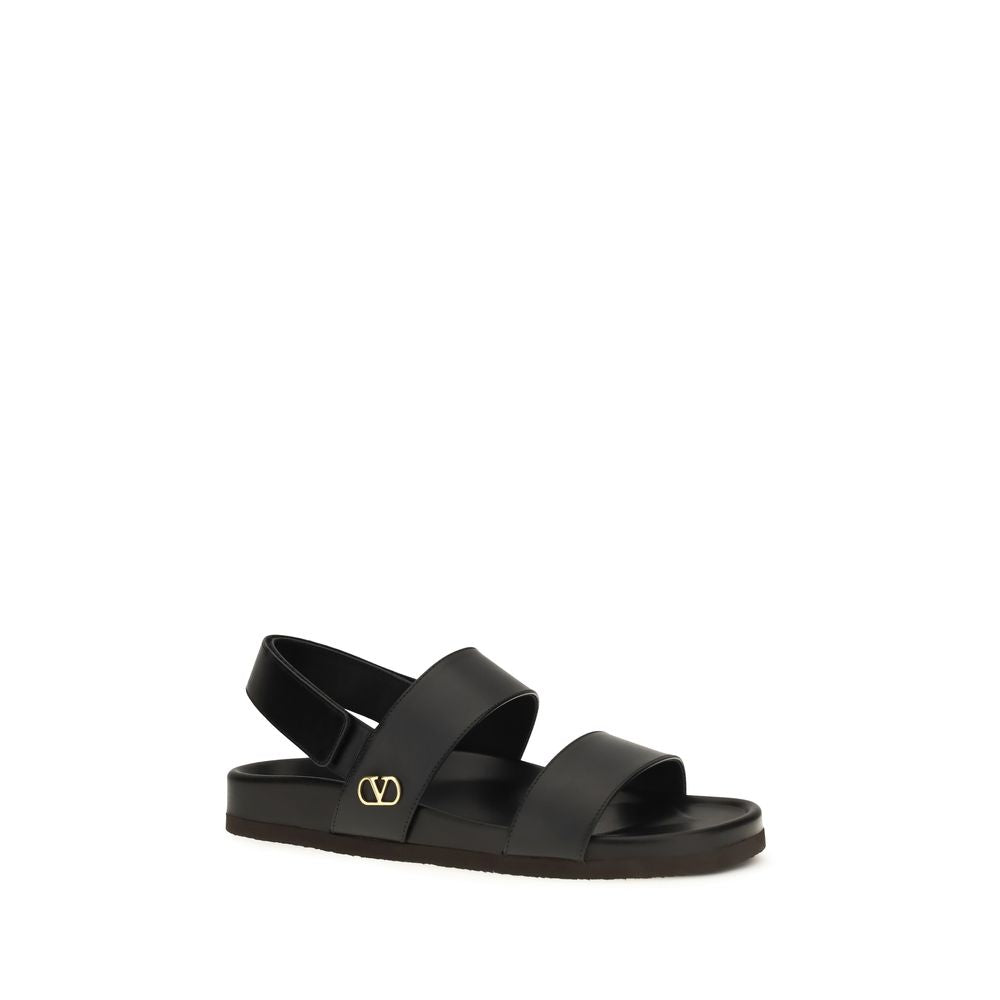 Valentino Garavani Black Calf Leather Studshield Flat Sandals for Men