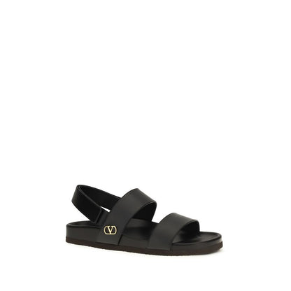 Valentino Garavani Black Calf Leather Studshield Flat Sandals for Men