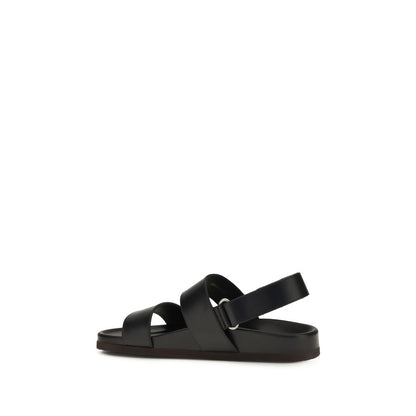 Valentino Garavani Black Calf Leather Studshield Flat Sandals for Men