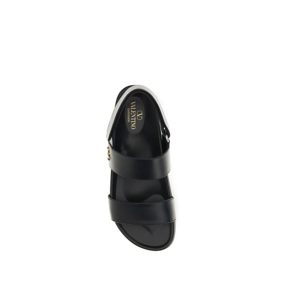 Valentino Garavani Black Calf Leather Studshield Flat Sandals for Men