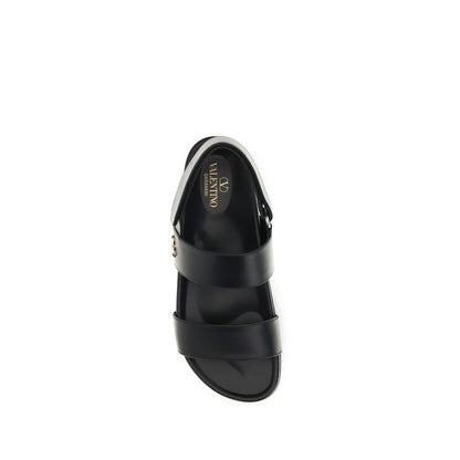 Valentino Garavani Black Calf Leather Studshield Flat Sandals for Men