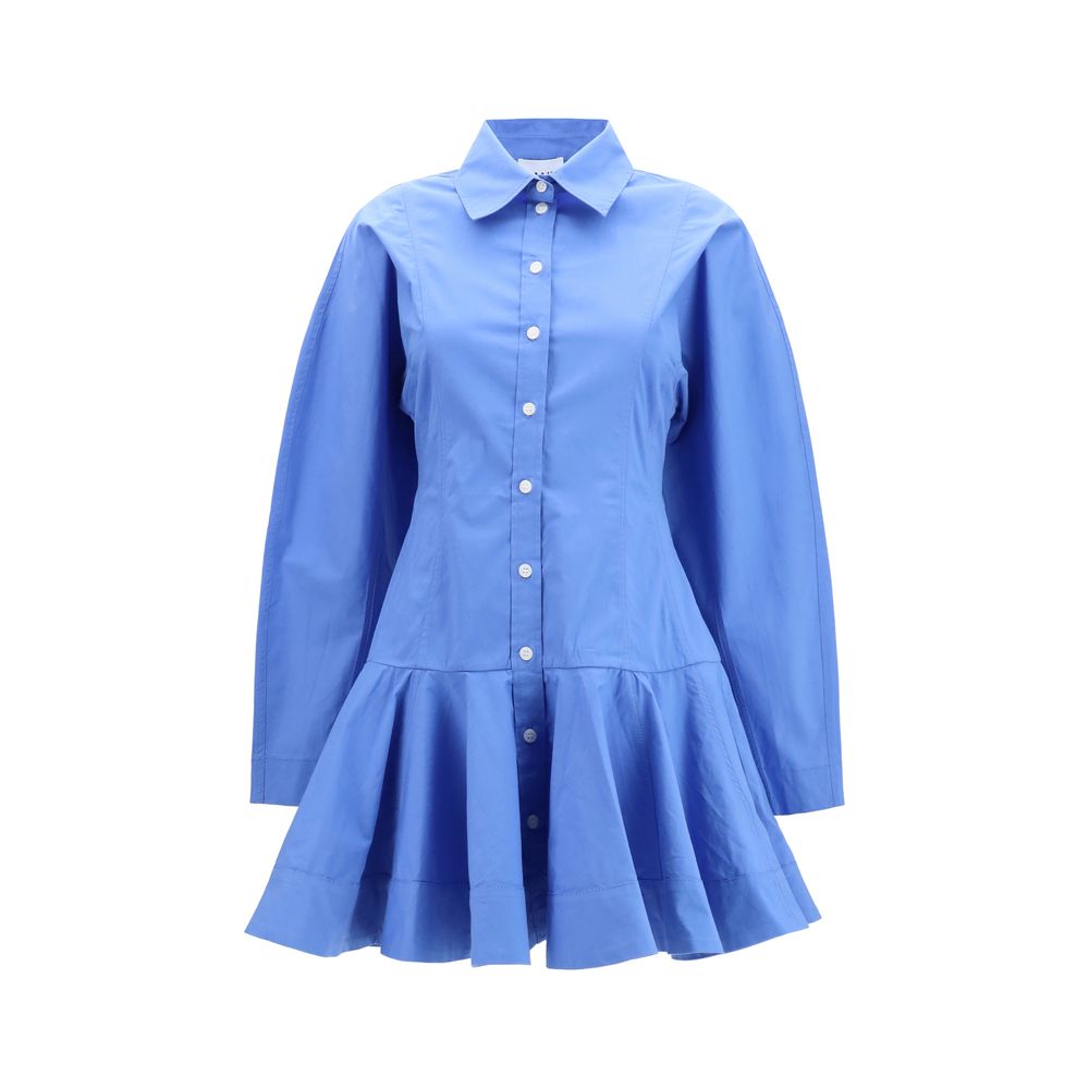 Ganni Blue Cotton Balloon Hem Shirt Mini Dress