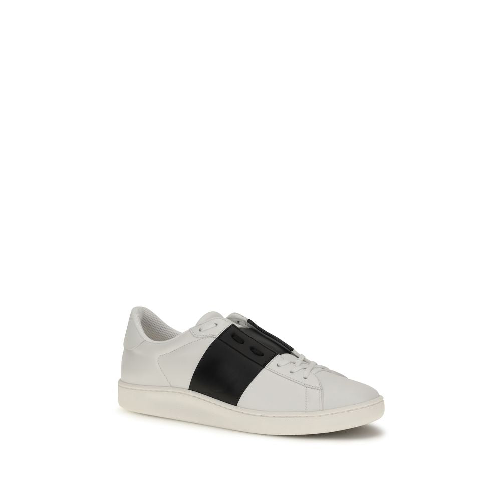 Valentino Garavani White & Black Band Leather Open Low Top Sneakers