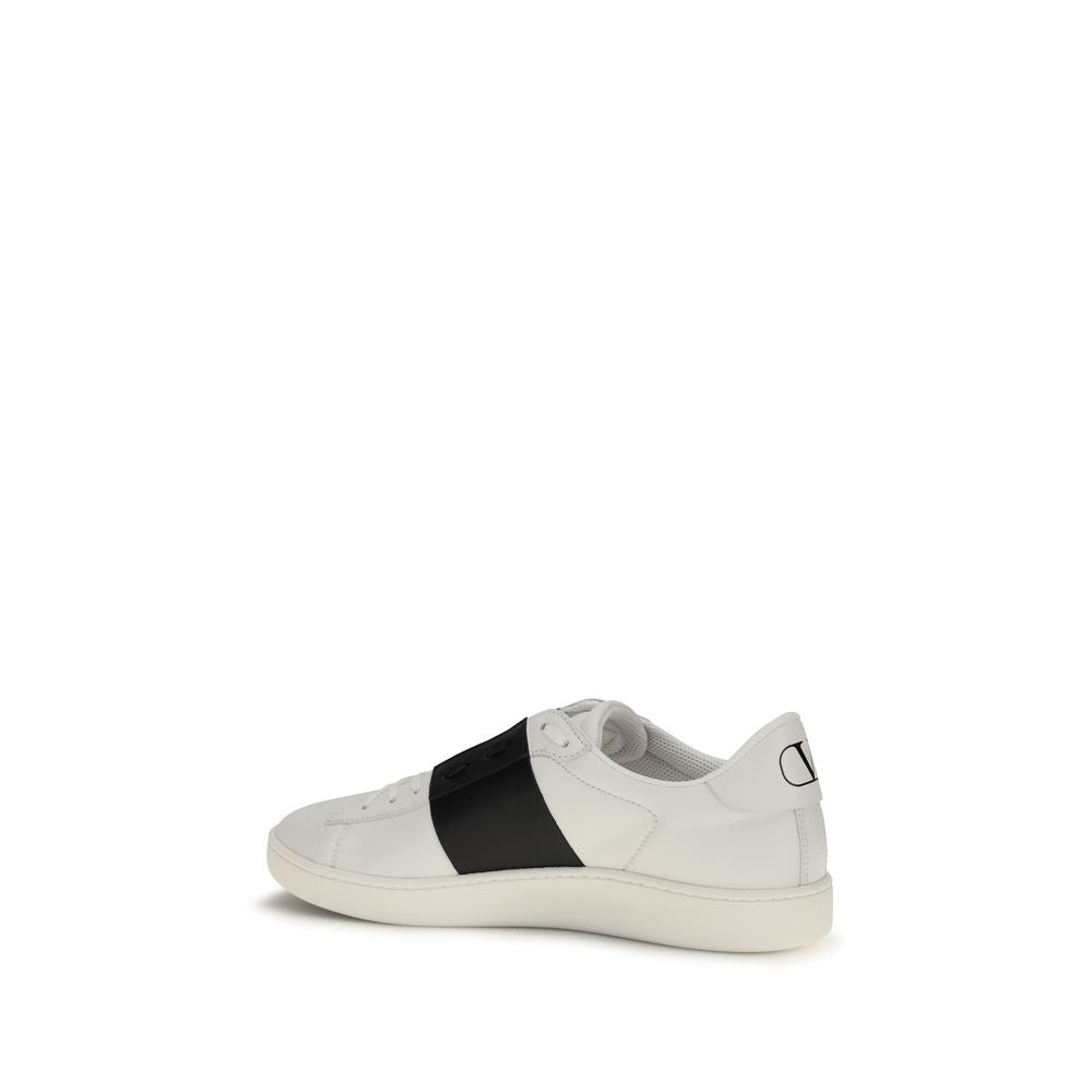Valentino Garavani White & Black Band Leather Open Low Top Sneakers