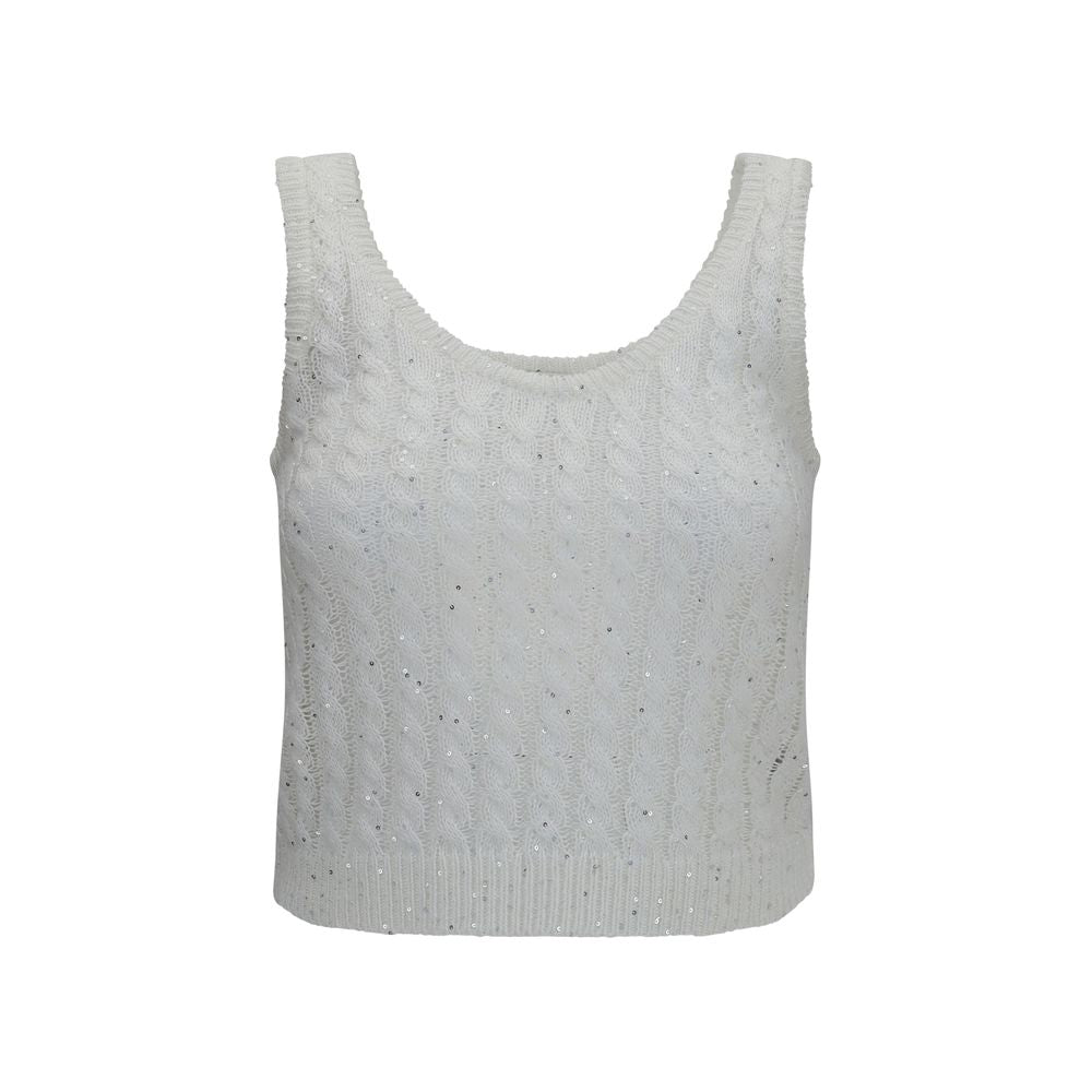 Brunello Cucinelli White Linen Knit Tank Top with Sequins