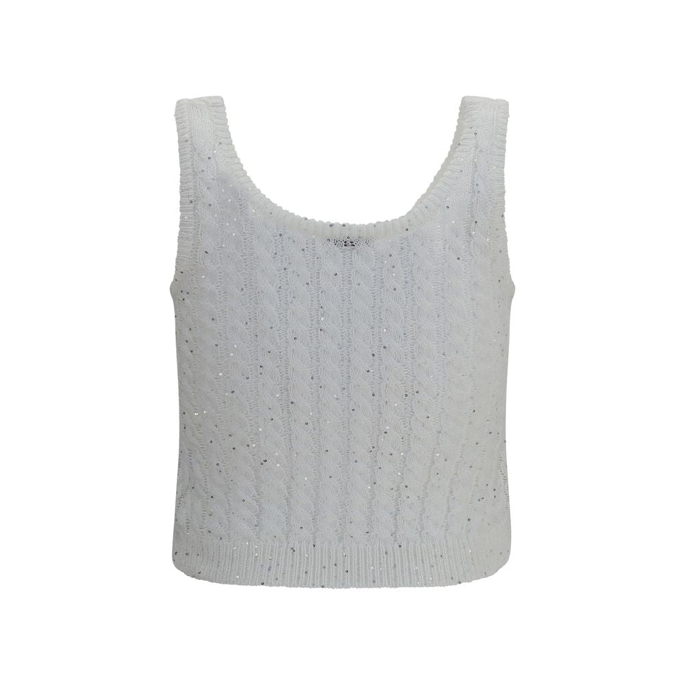 Brunello Cucinelli White Linen Knit Tank Top with Sequins