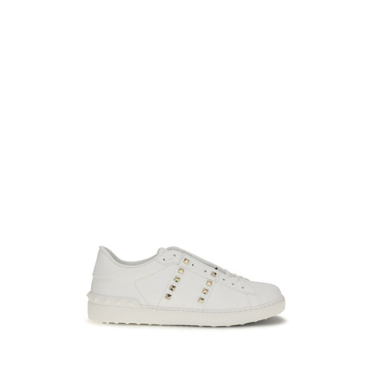 Valentino Garavani White Calf Leather Gold Rockstud Sneakers
