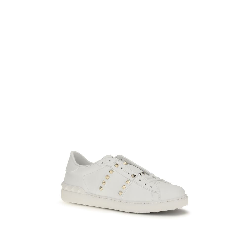 Valentino Garavani White Calf Leather Gold Rockstud Sneakers