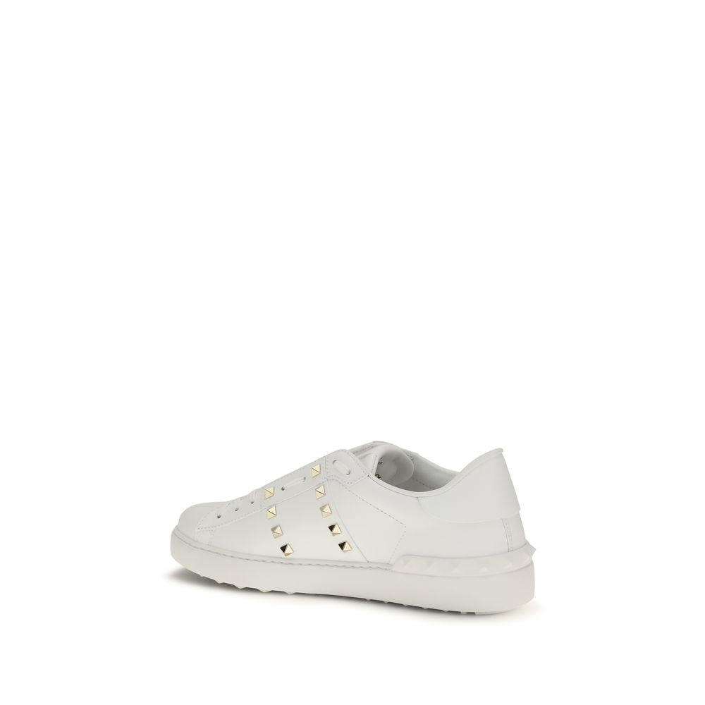 Valentino Garavani White Calf Leather Gold Rockstud Sneakers