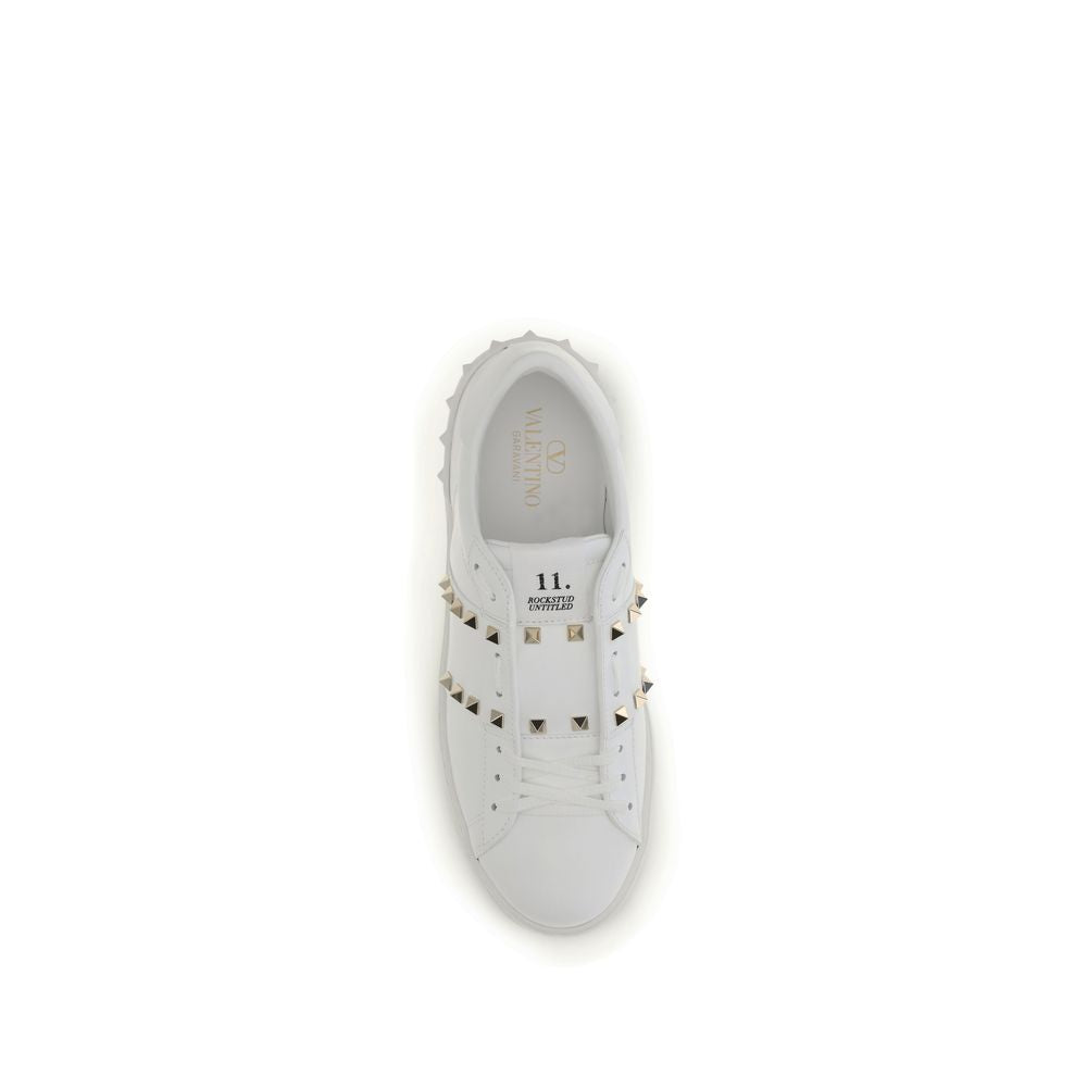 Valentino Garavani White Calf Leather Gold Rockstud Sneakers