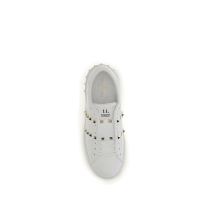 Valentino Garavani White Calf Leather Gold Rockstud Sneakers