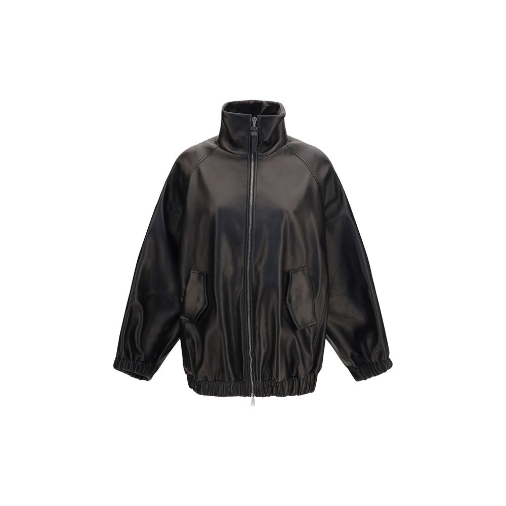 Brunello Cucinelli Black Zip-Up High-Lamb Neck Bomber Leather Jacket
