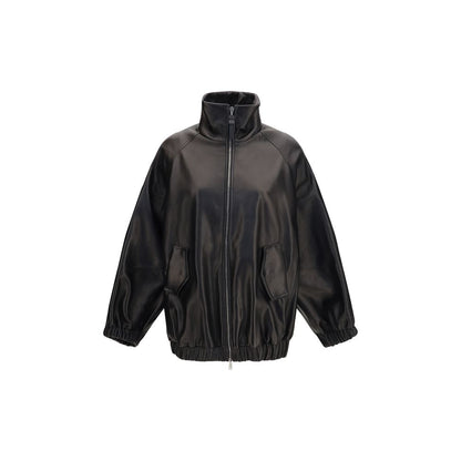Brunello Cucinelli Black Zip-Up High-Lamb Neck Bomber Leather Jacket