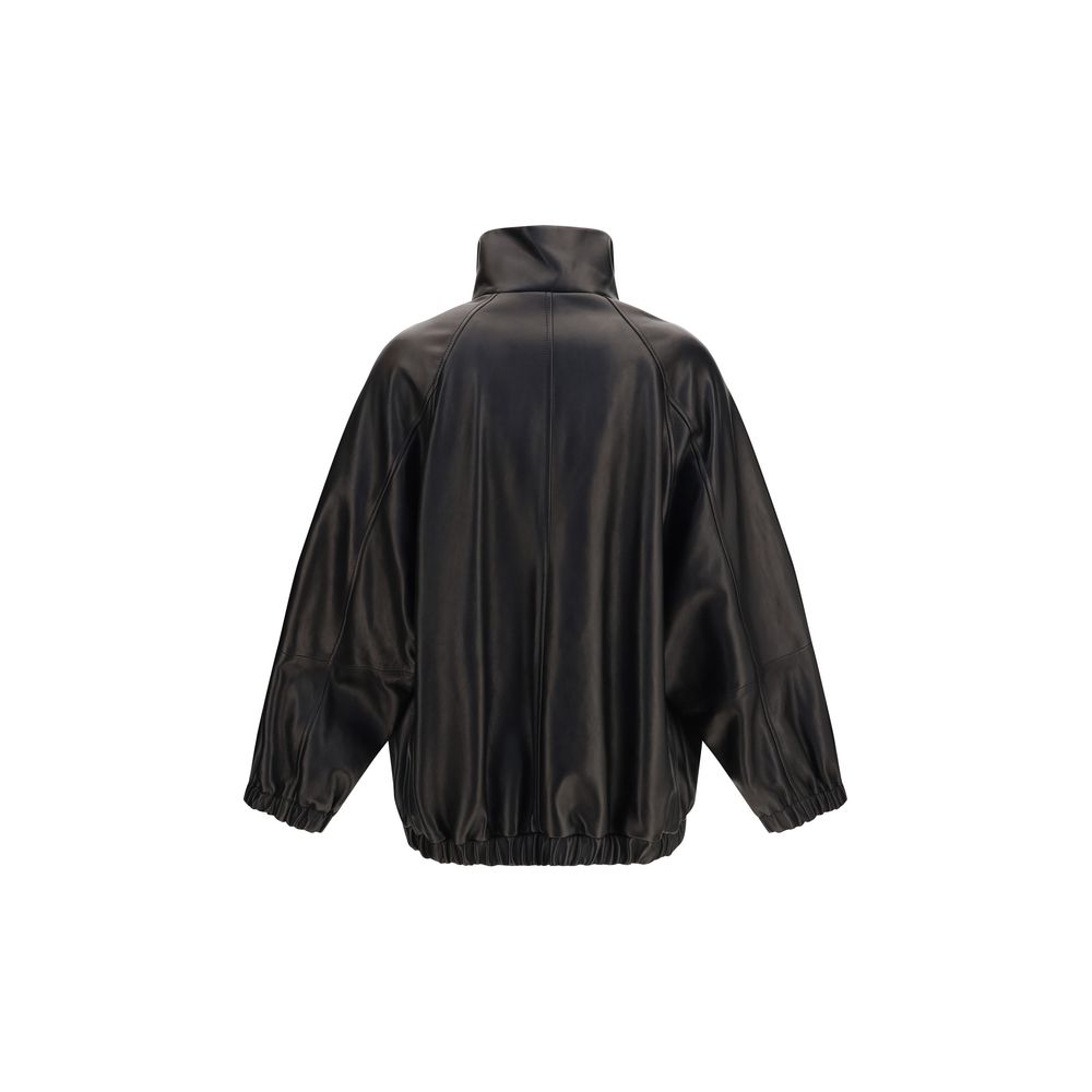 Brunello Cucinelli Black Zip-Up High-Lamb Neck Bomber Leather Jacket