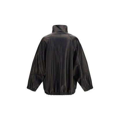 Brunello Cucinelli Black Zip-Up High-Lamb Neck Bomber Leather Jacket