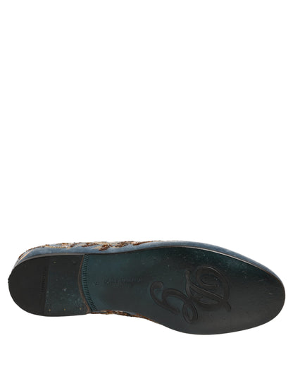 Dolce & Gabbana Blue Velvet Embellished Dress Loafers Shoes