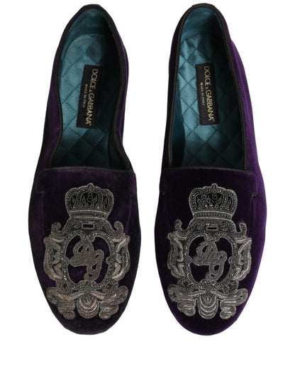 Dolce & Gabbana Purple Velvet Crown Embroidery Loafers