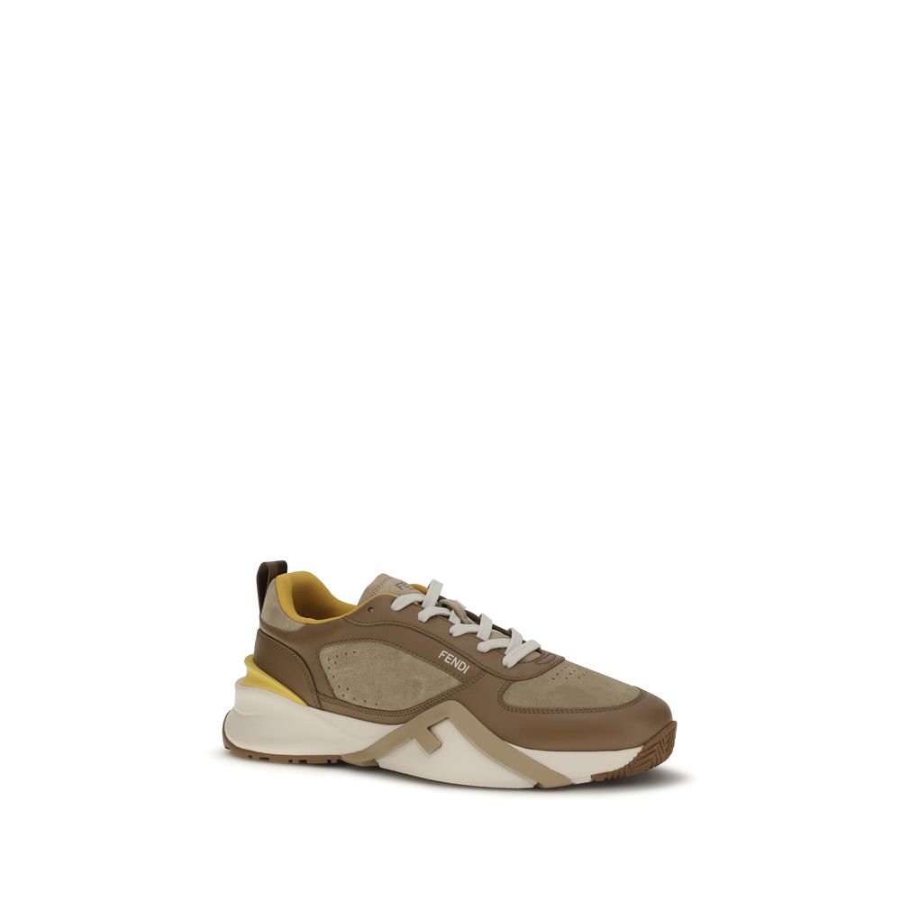Fendi Brown & Yellow Panelled Leather Flow Sneakers