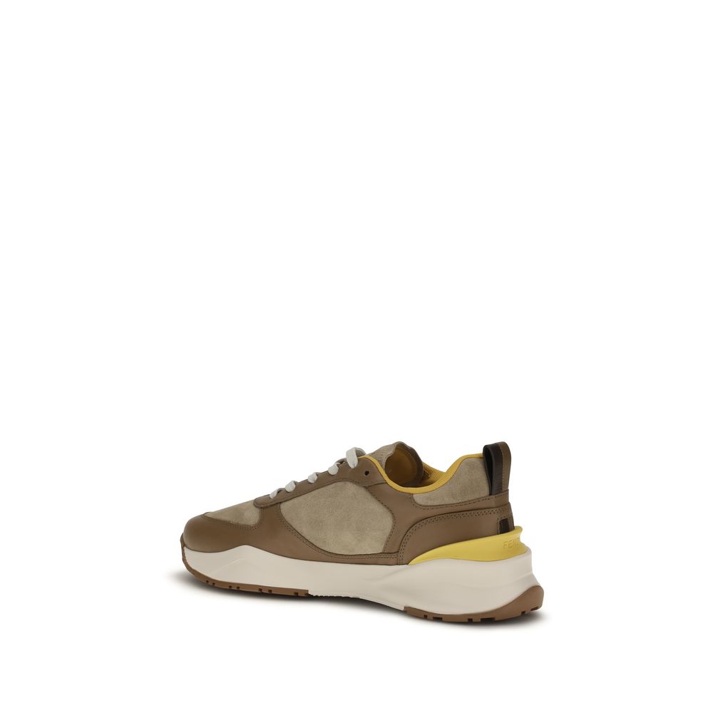 Fendi Brown & Yellow Panelled Leather Flow Sneakers