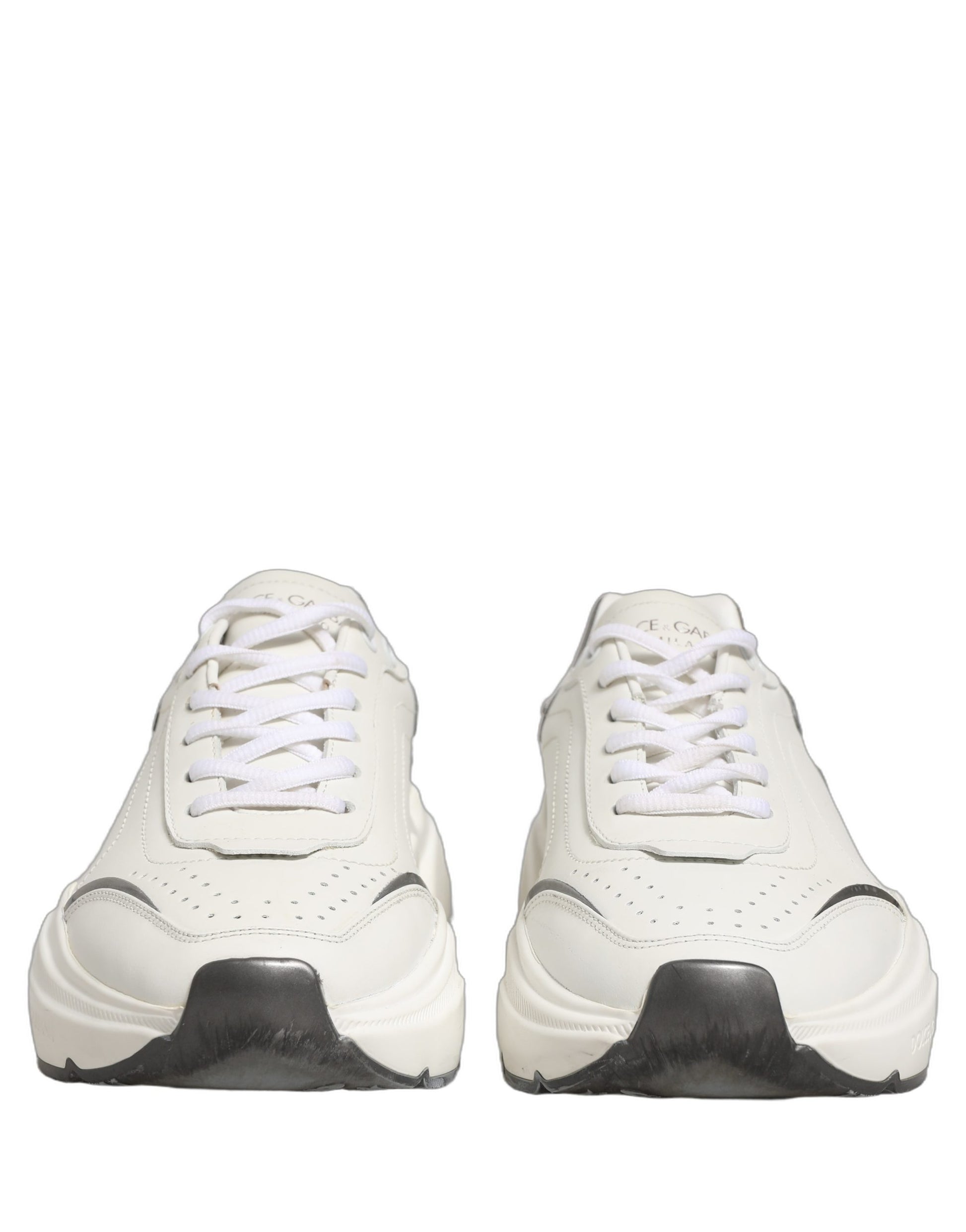 Dolce & Gabbana White Silver Daymaster Leather Low Top Sneakers Shoes