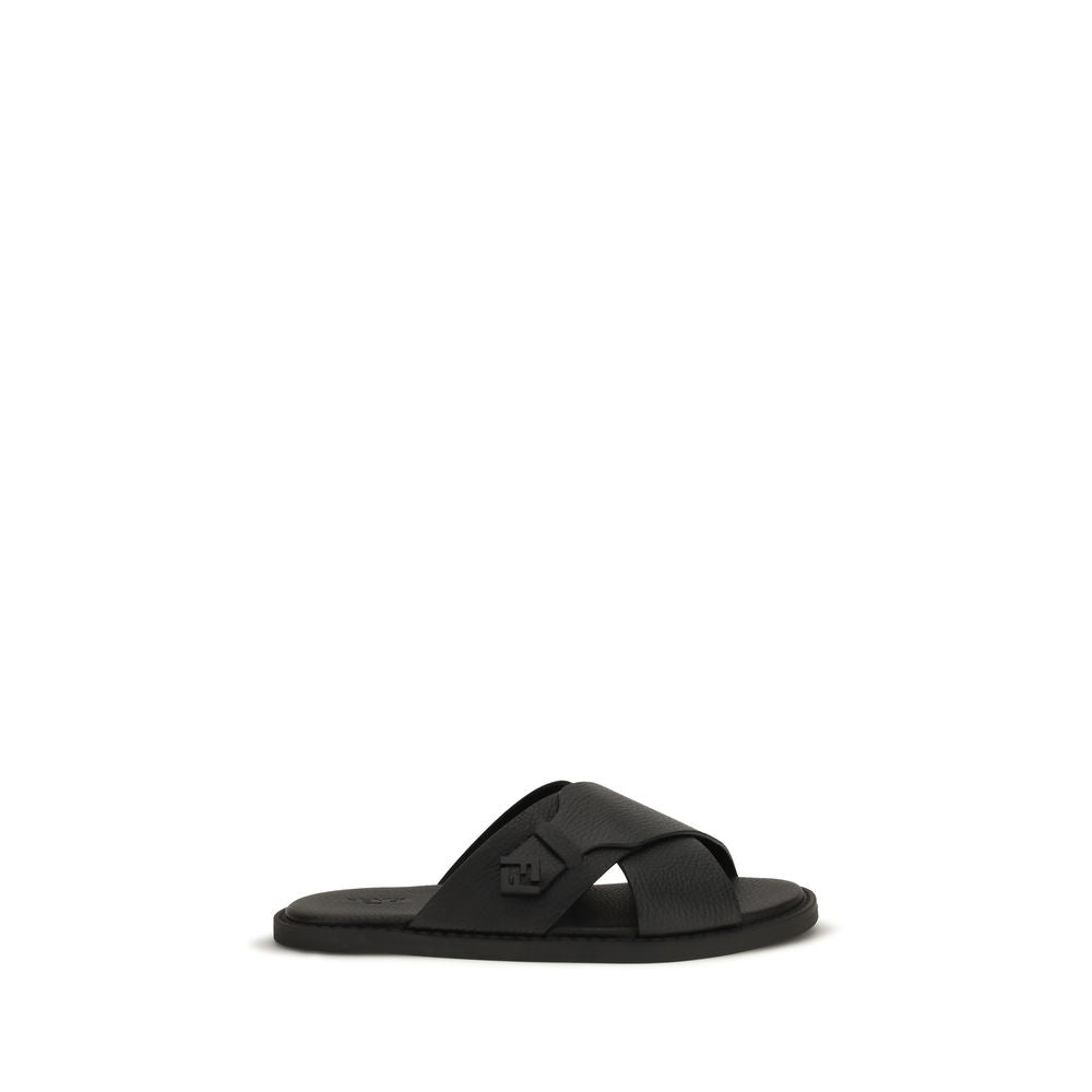 Fendi Black Leather FF Slide Flat Cross over Strap Sandals