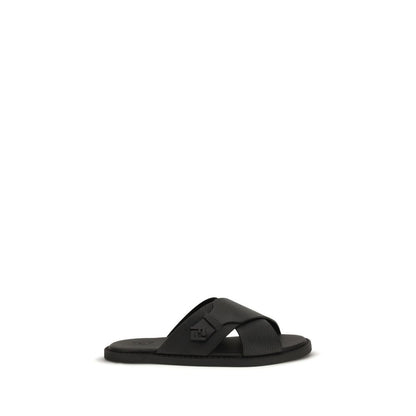 Fendi Black Leather FF Slide Flat Cross over Strap Sandals