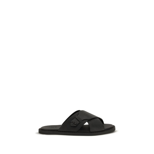 Fendi Black Leather FF Slide Flat Cross over Strap Sandals
