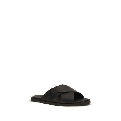 Fendi Black Leather FF Slide Flat Cross over Strap Sandals