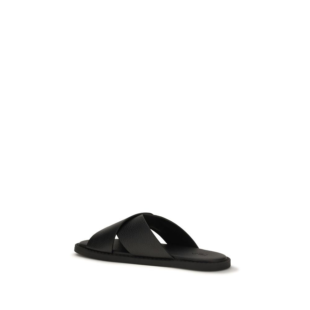 Fendi Black Leather FF Slide Flat Cross over Strap Sandals