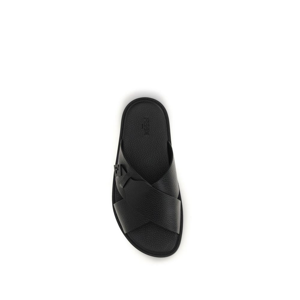 Fendi Black Leather FF Slide Flat Cross over Strap Sandals