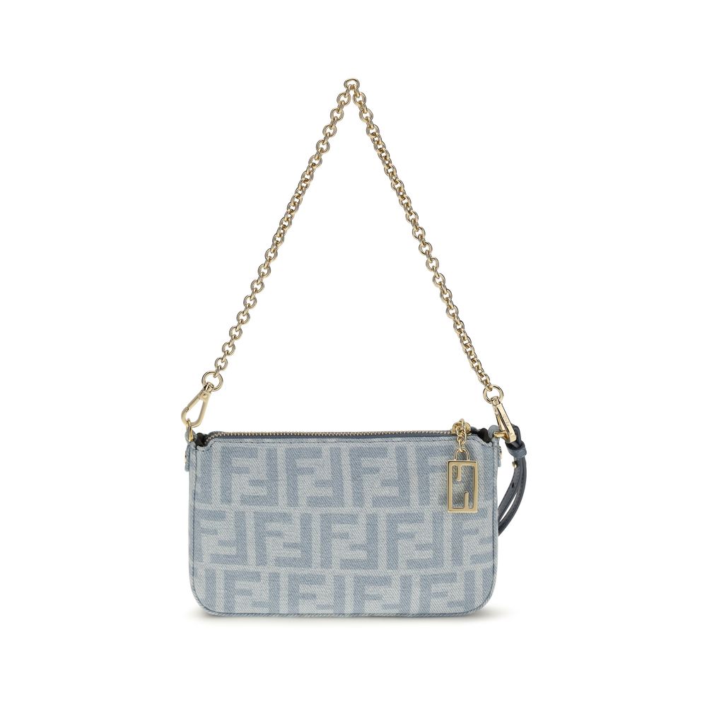 Fendi FF Blue Light Wash Denim Baguette Pouch Bag