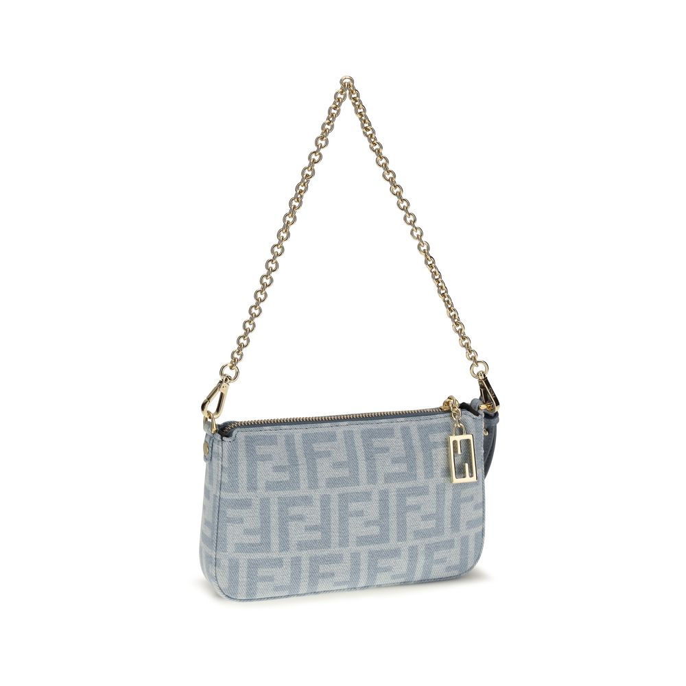 Fendi FF Blue Light Wash Denim Baguette Pouch Bag
