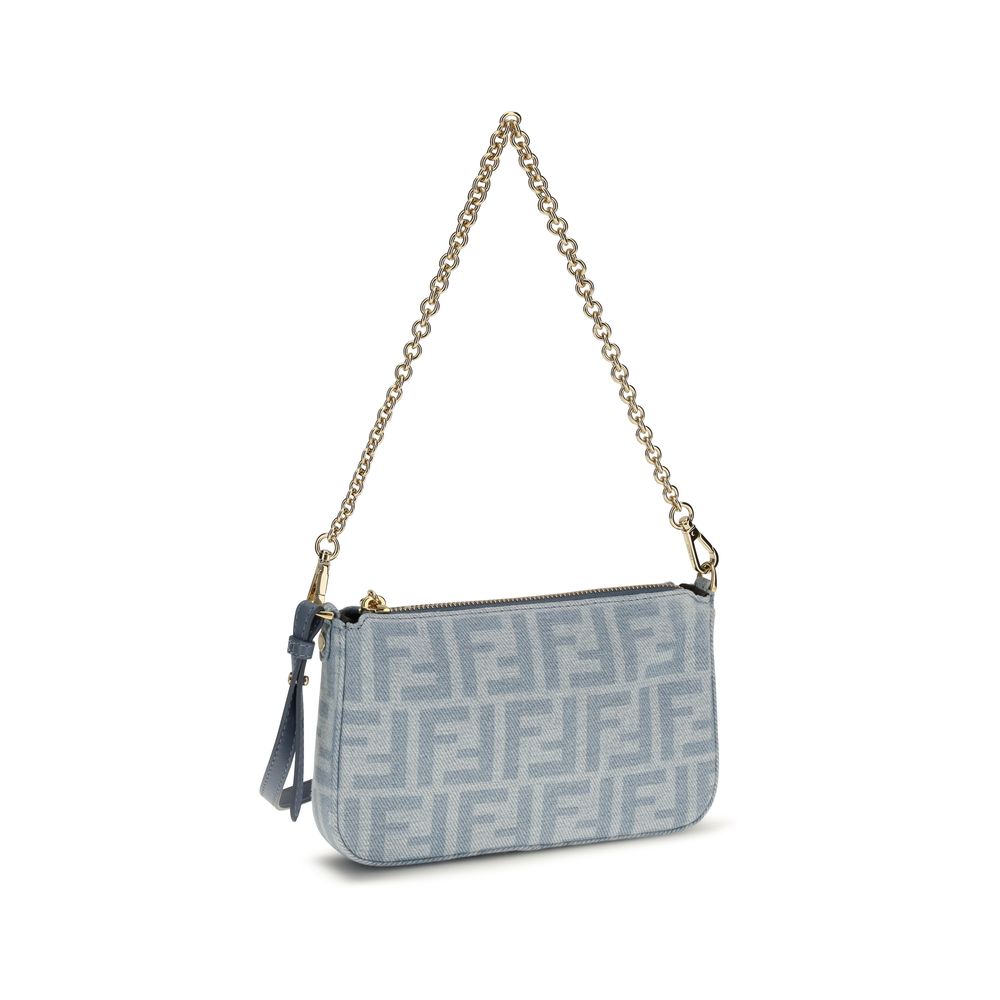 Fendi FF Blue Light Wash Denim Baguette Pouch Bag