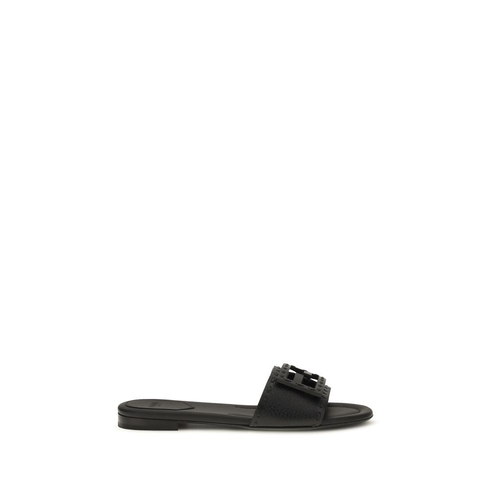Fendi Black Calf Leather Baguette Flat Sandals