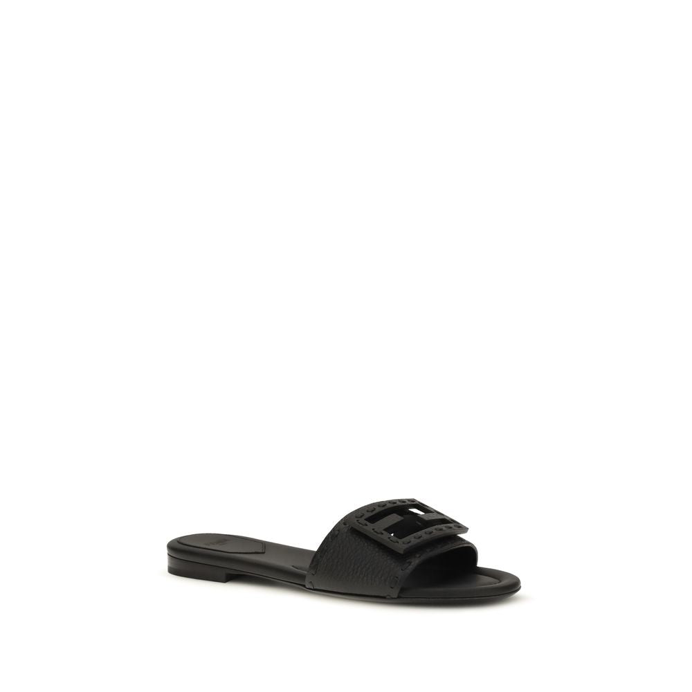 Fendi Black Calf Leather Baguette Flat Sandals