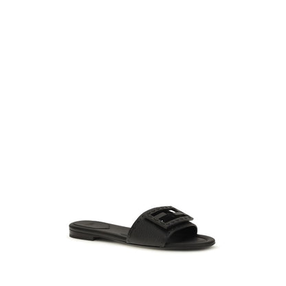 Fendi Black Calf Leather Baguette Flat Sandals