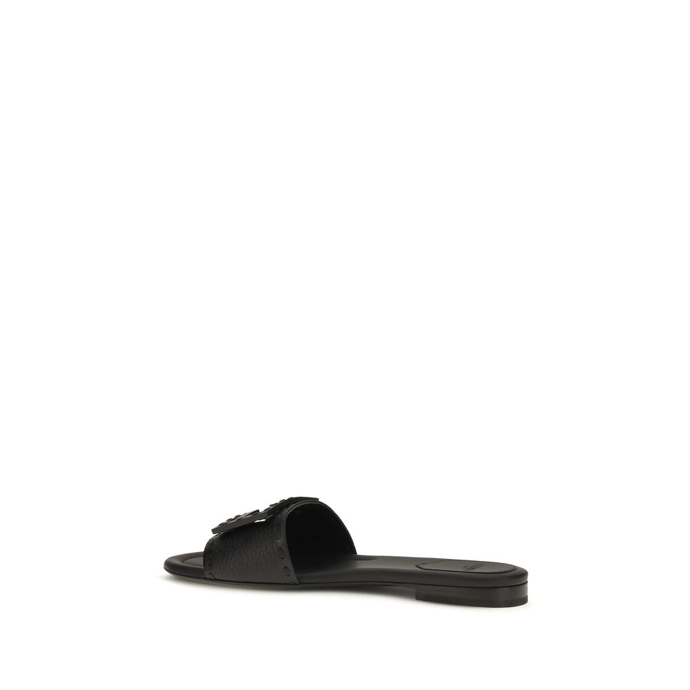 Fendi Black Calf Leather Baguette Flat Sandals